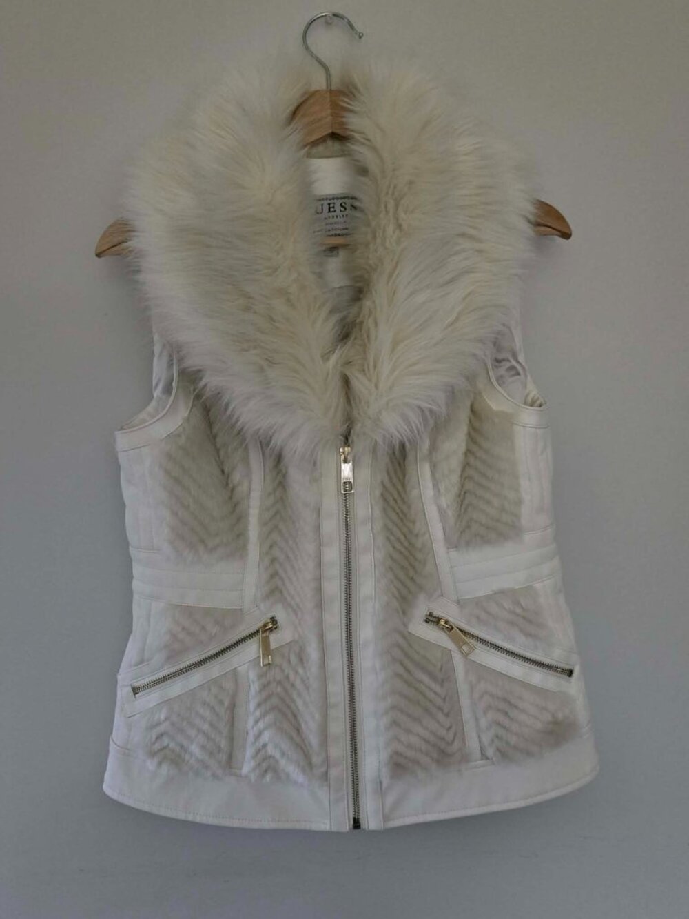 GUESS Ivory Faux Fur Moto Vest Faux Leather Zip Y2K Glam M - Picture 2 of 6